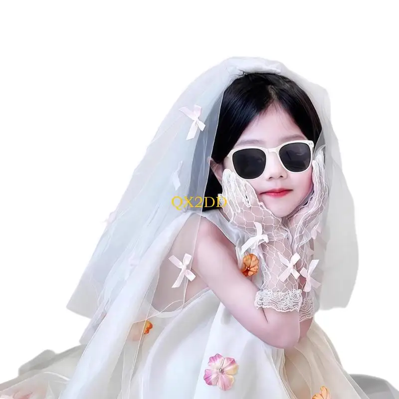 Conjunto de tocado y guantes con lazo rosa y velo para niña