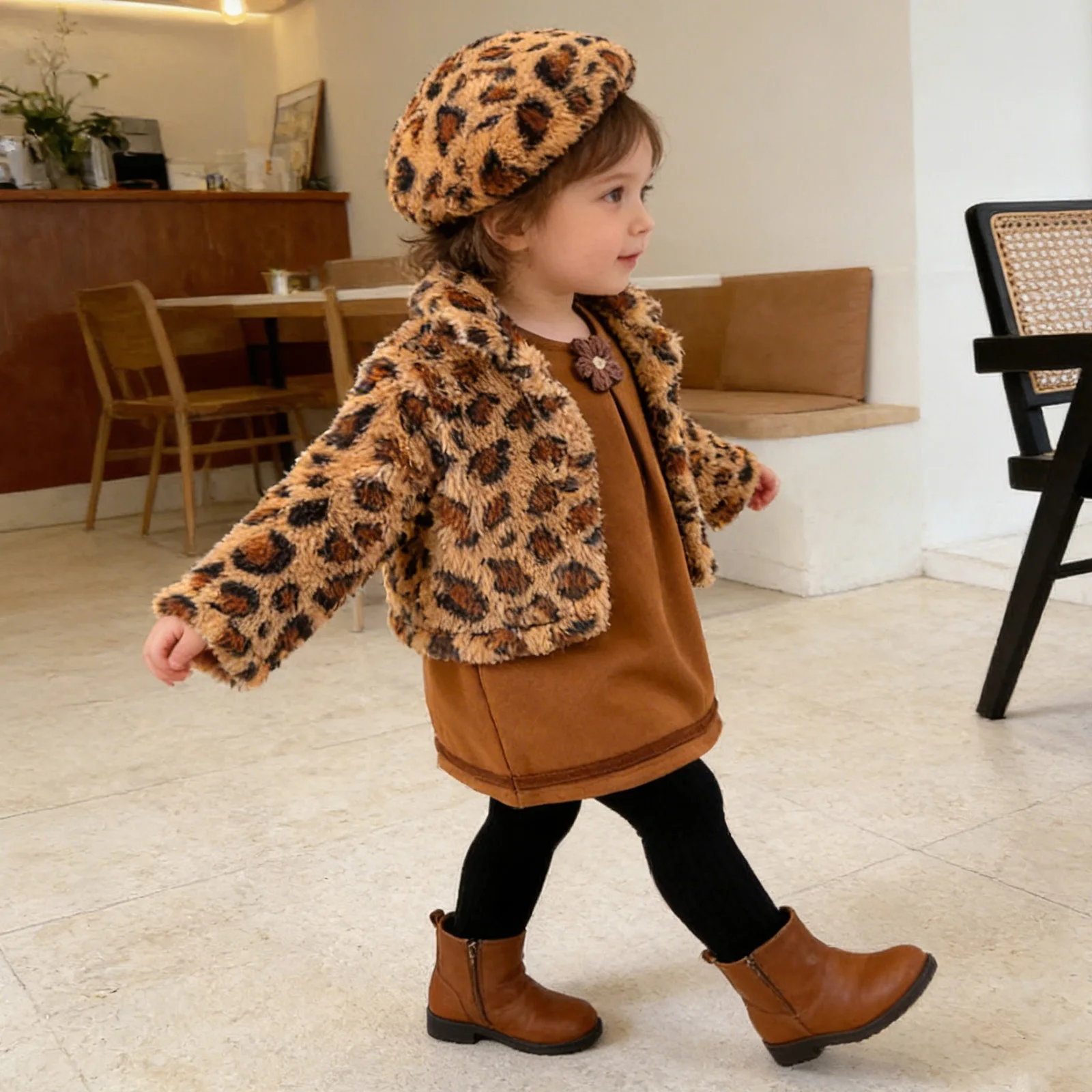Abrigo polar para niña con estampado leopardo y vestido floral - imagen 2