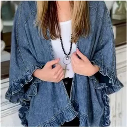 Chaqueta vaquera vintage de mujer holgada con bolsillos y volante