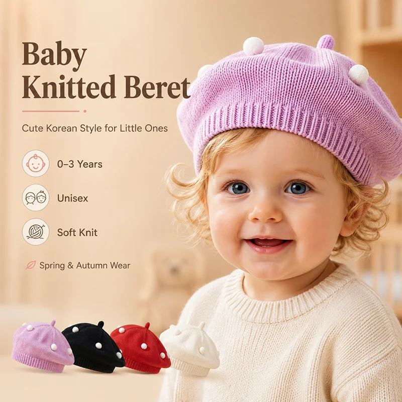 Gorro de punto para bebé unisex con pompón suave, estilo pintor - imagen 2