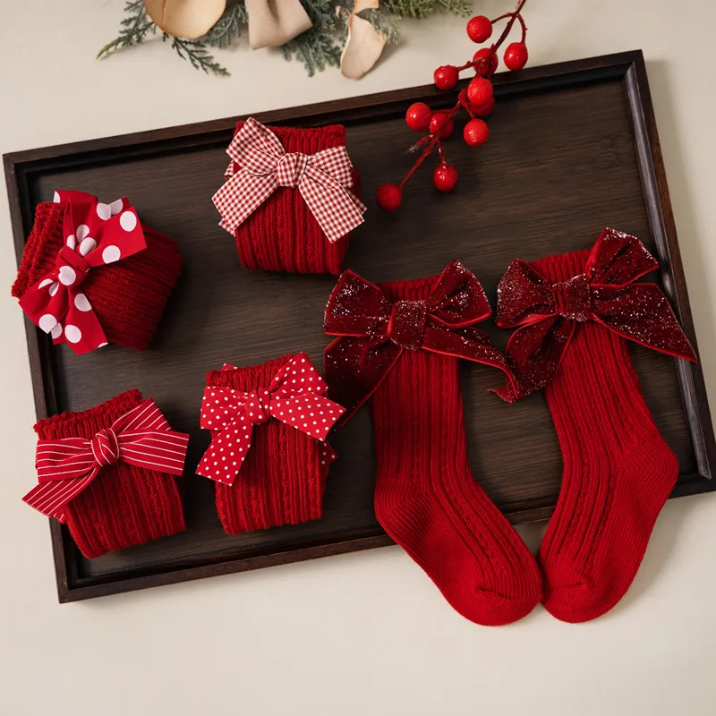 Calcetines navideños con lazo rojo para niñas y calentadores 0-5 años - imagen 5