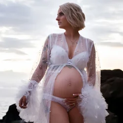 Vestido de maternidad largo de tul con perlas 3D para sesión fotos