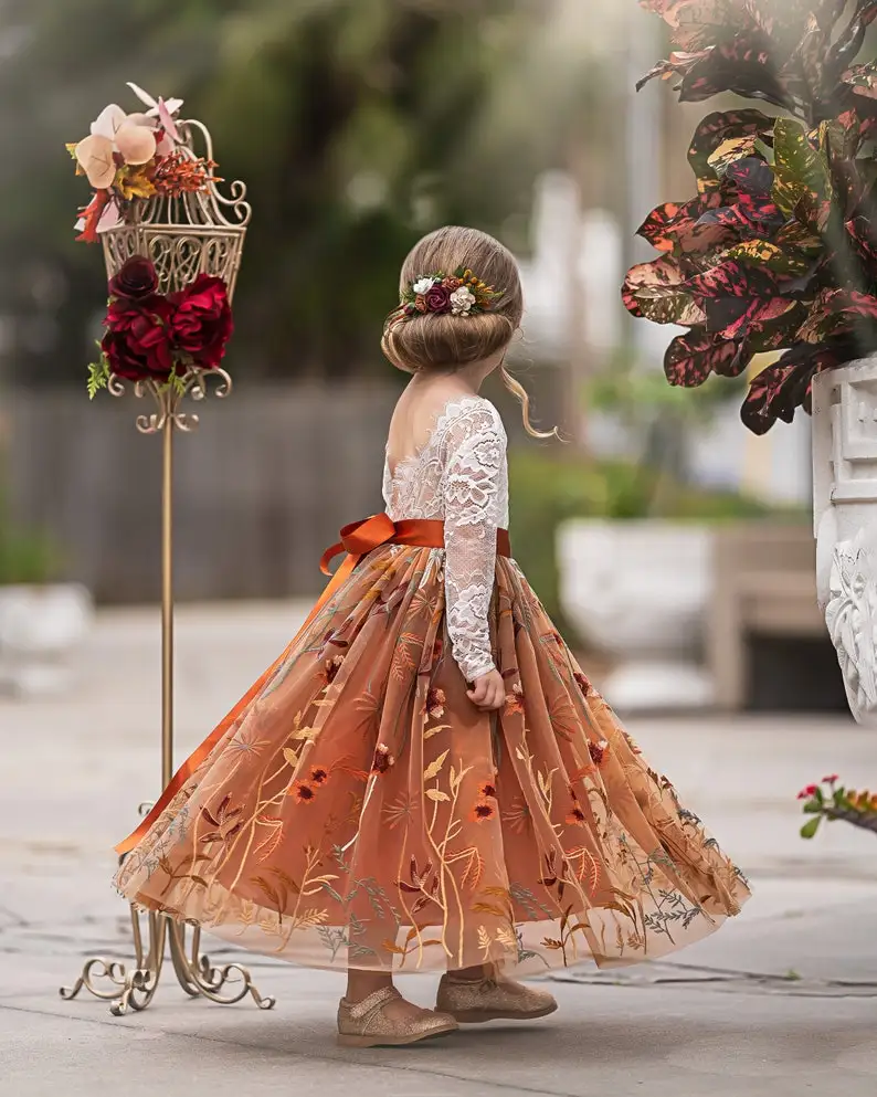 Vestido de niña de tul floral naranja – encaje rústico de fiesta - imagen 2