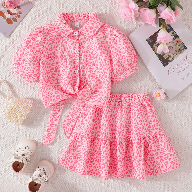 Conjunto niña estilo lujo dos piezas: camiseta de algodón rosa y falda - imagen 3