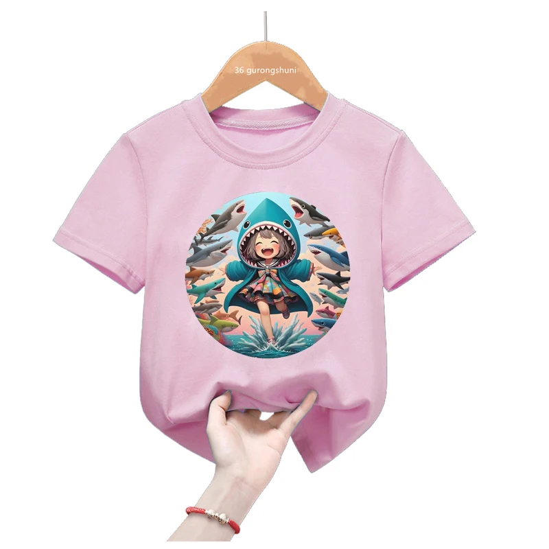 Camiseta infantil rosa con tiburón y amor - manga corta de verano - imagen 2