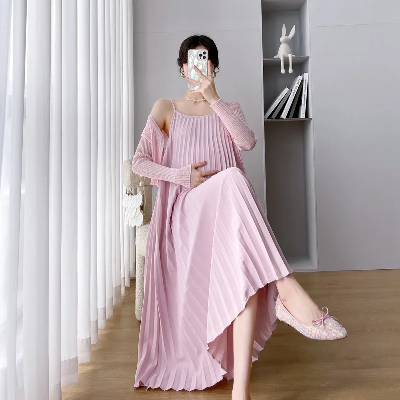 Vestido plisado de gasa con tirantes para embarazadas