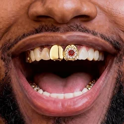 Grillz dentales removibles estilo hip hop dorado y plateado floral