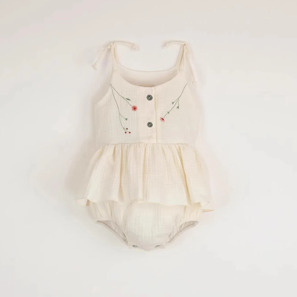 Pelele bordado floral sin mangas de verano para niña
