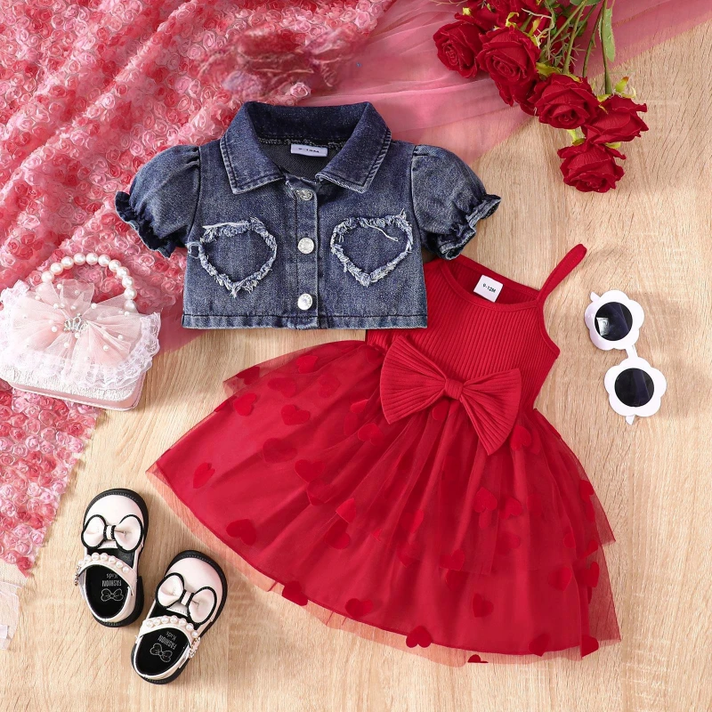Conjunto de vestido con tirantes para niña de verano y chaqueta vaquera - imagen 3