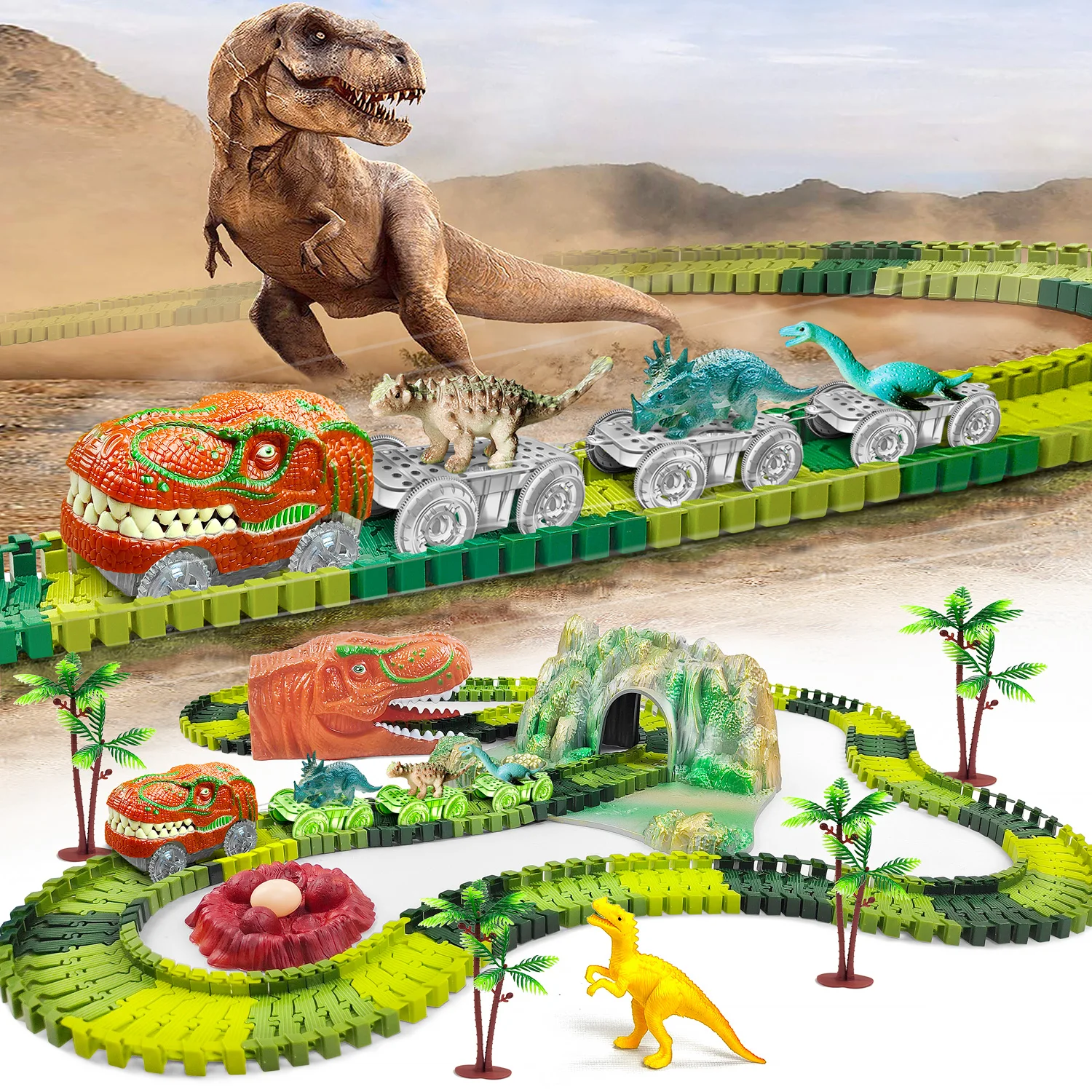 Juguete tren dinosaurio con pista flexible coche y carreras
