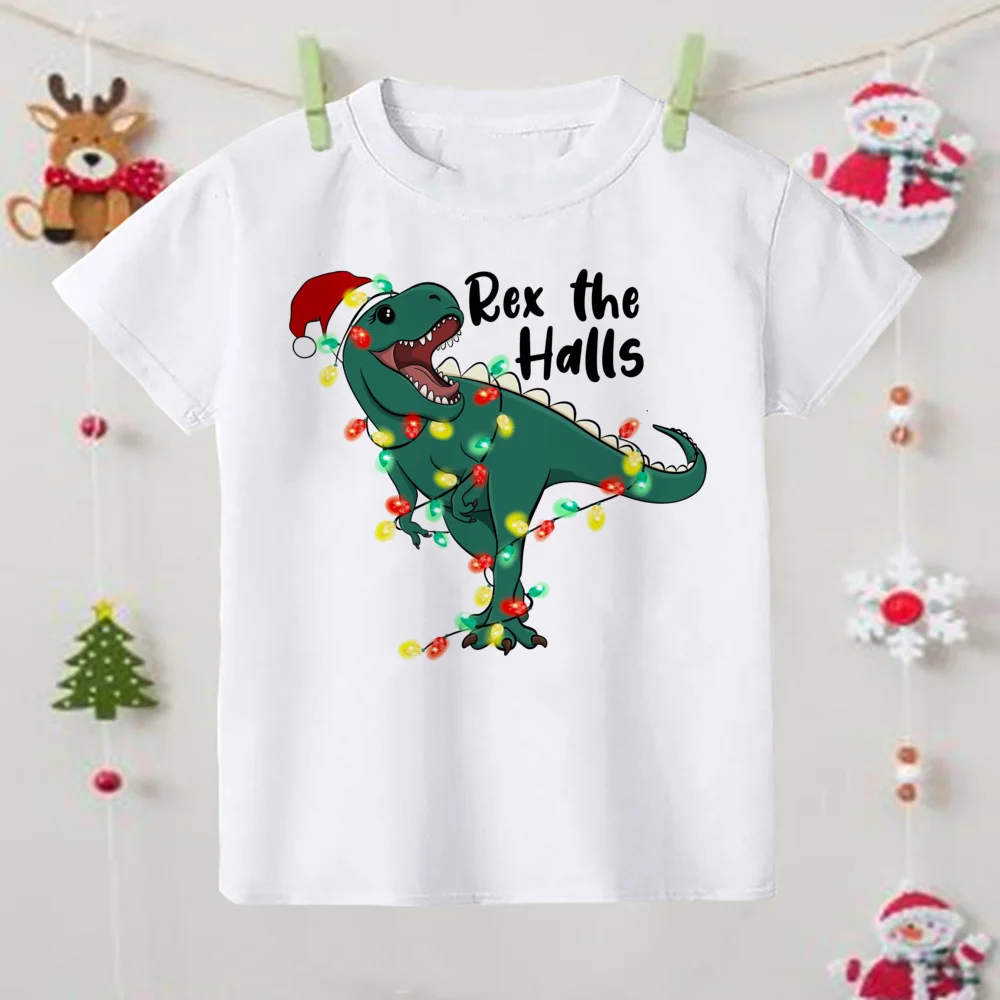 Camiseta infantil navideña de dinosaurios estilo dibujos manga corta