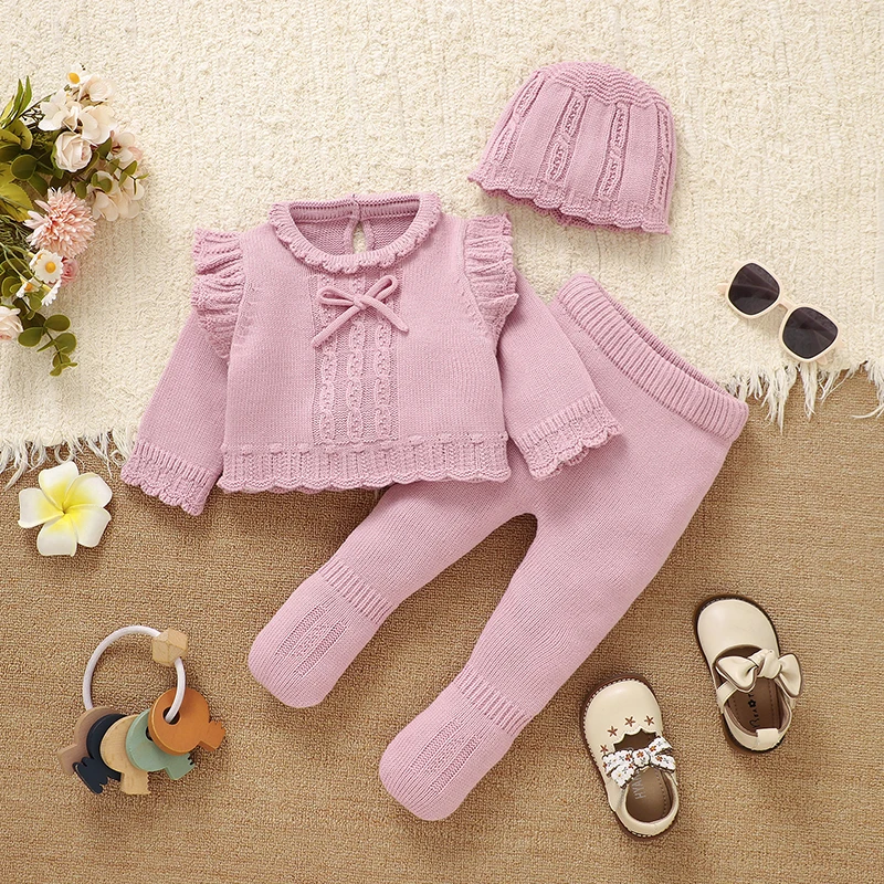 Conjunto de invierno para niña con suéter rosa de manga larga y gorro