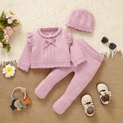 Conjunto de invierno para niña con suéter rosa de manga larga y gorro