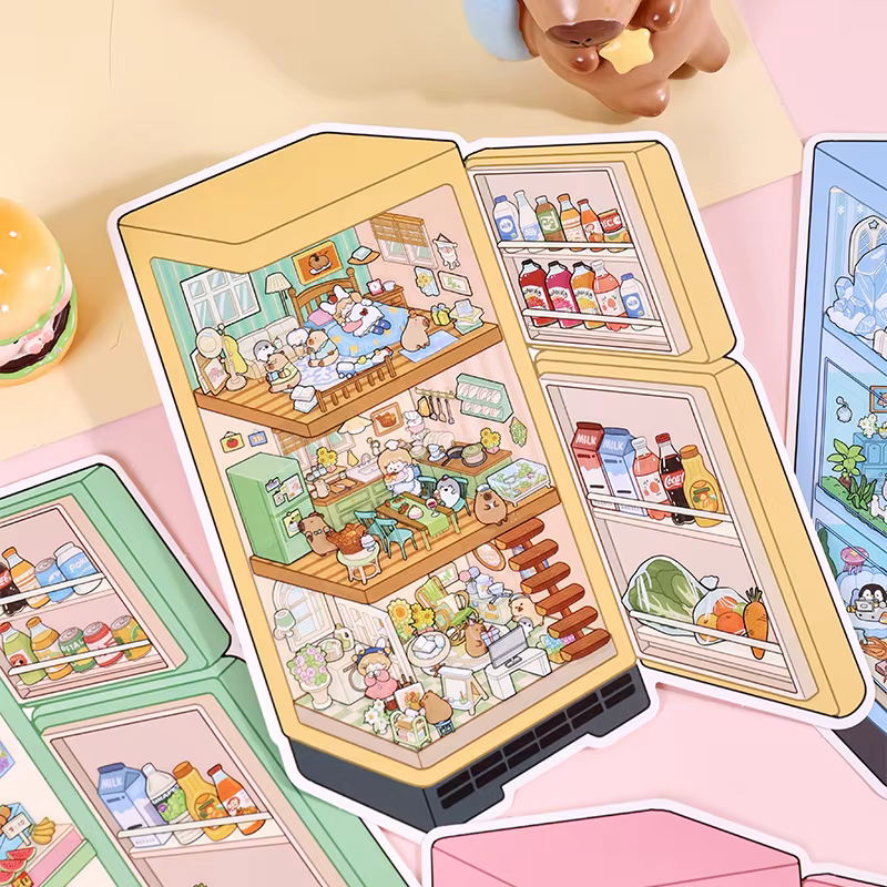 Pegatinas 3D kawaii de verano con paisaje de cabaña para frigorífico - imagen 3