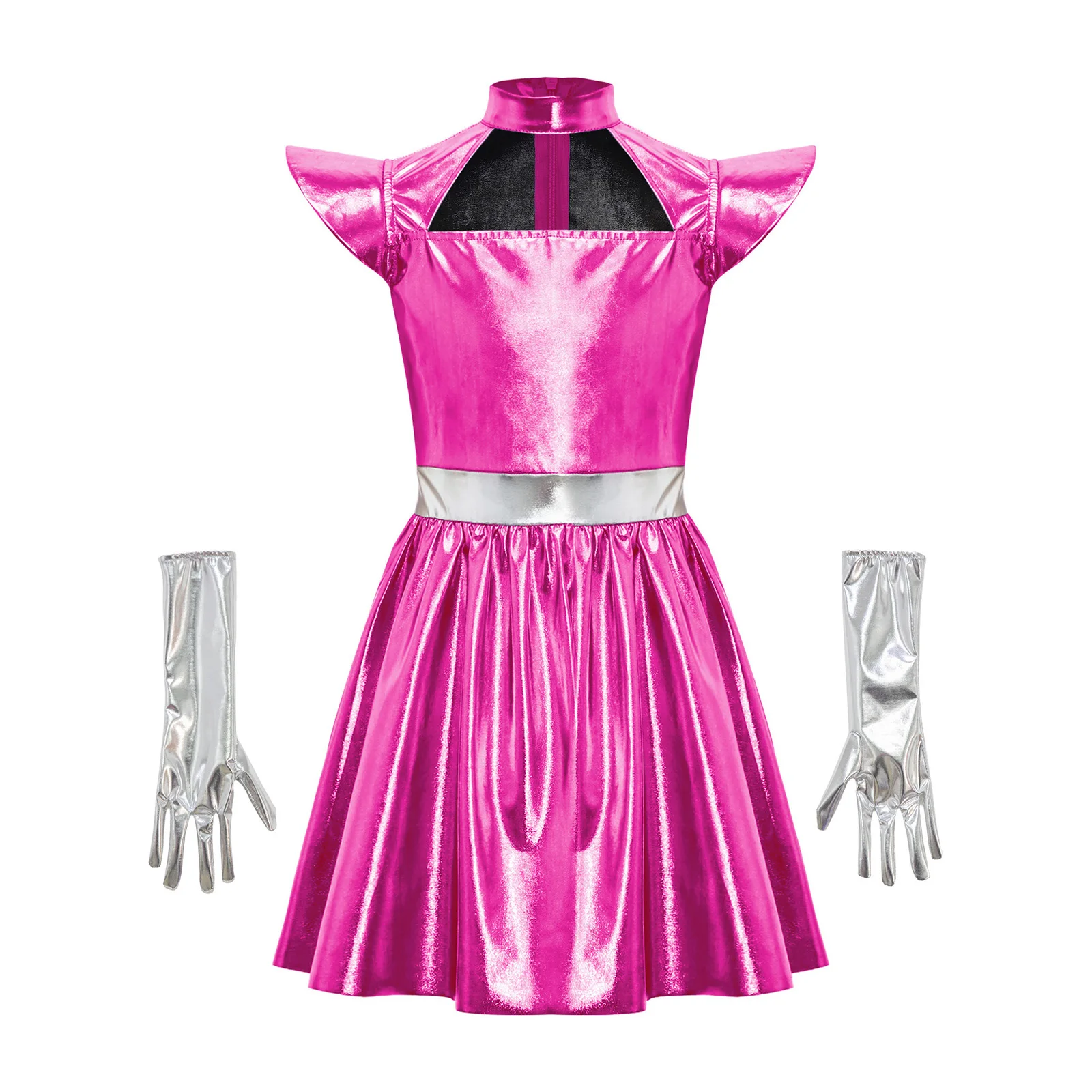 Disfraz de robot alienígena para niña con vestido metálico y guantes - imagen 3