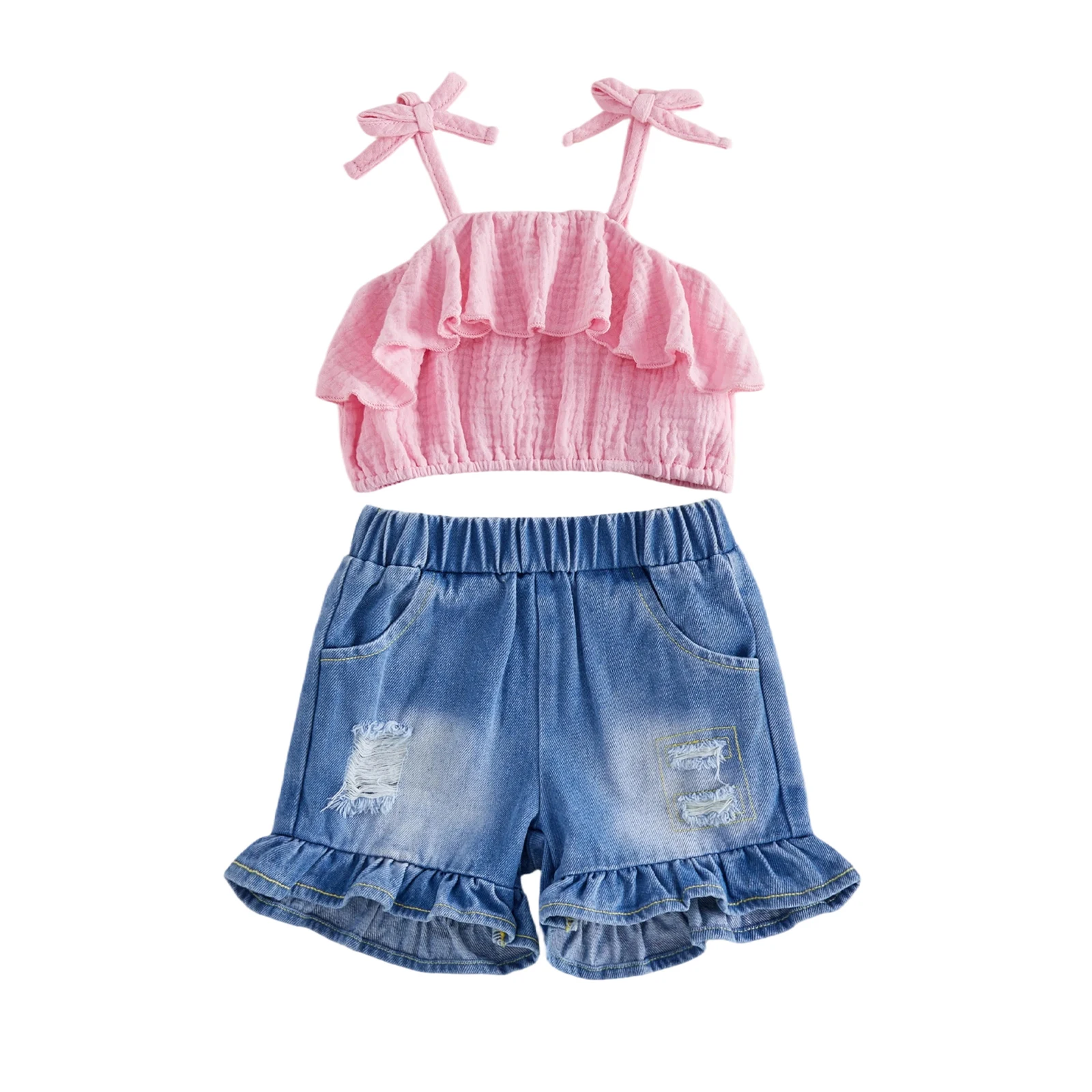 Conjunto de verano niña: top sin mangas con lazada y shorts denim