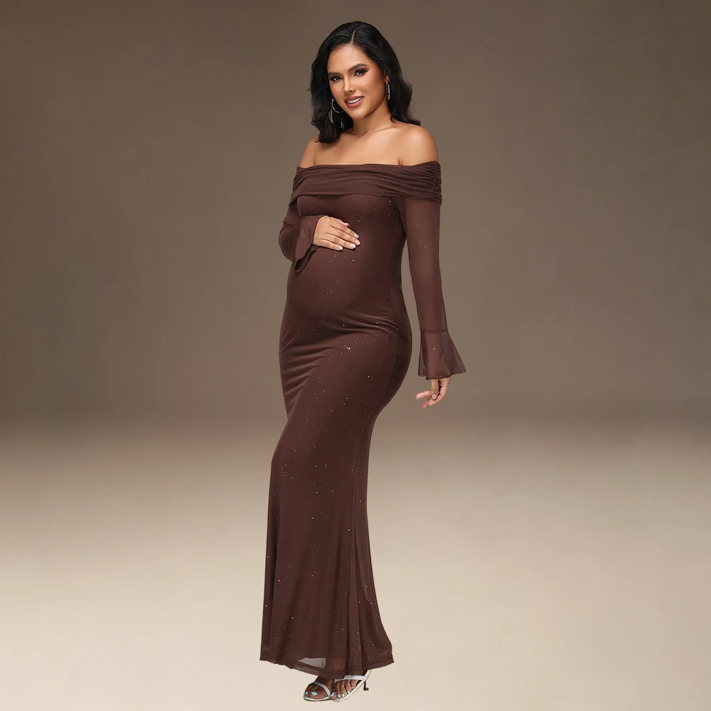 Vestido premamá largo elegante con hombros descubiertos y lentejuelas - imagen 5