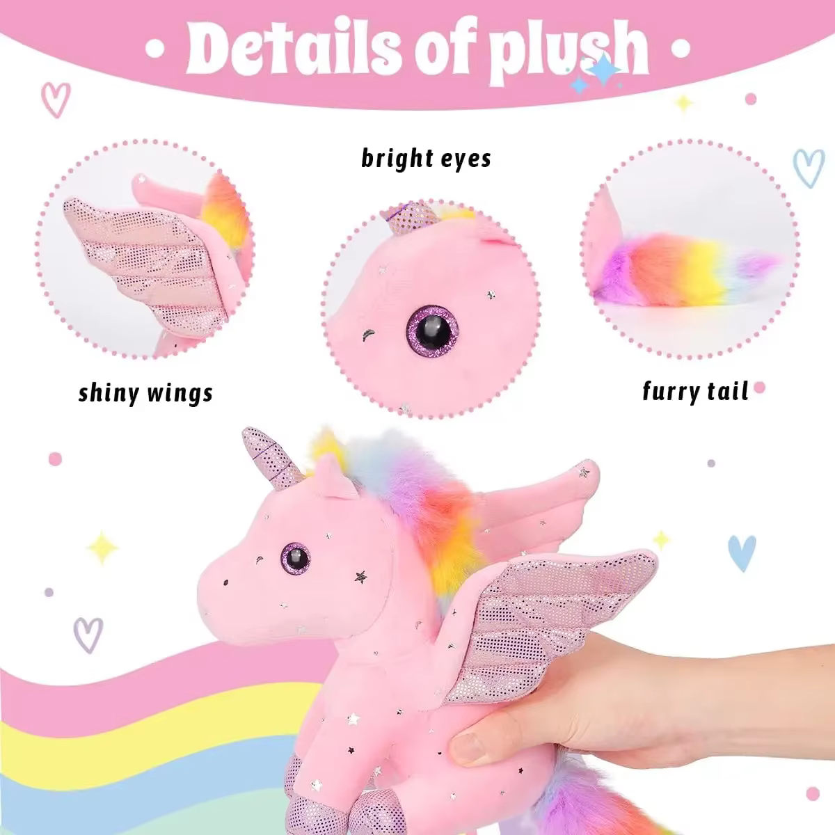 Unicornio de peluche con melena colorida y detalles en lentejuelas