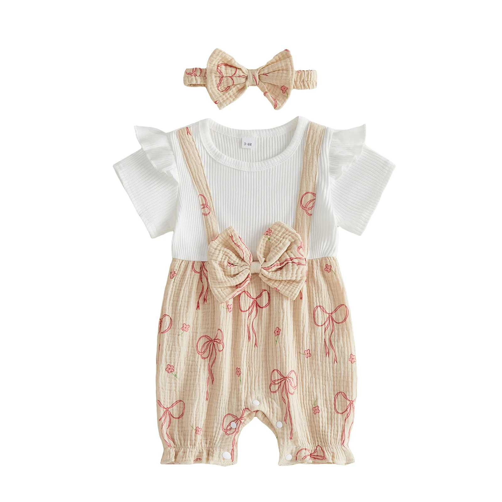 Conjunto de verano bebé niña: mono manga corta con volantes y diadema
