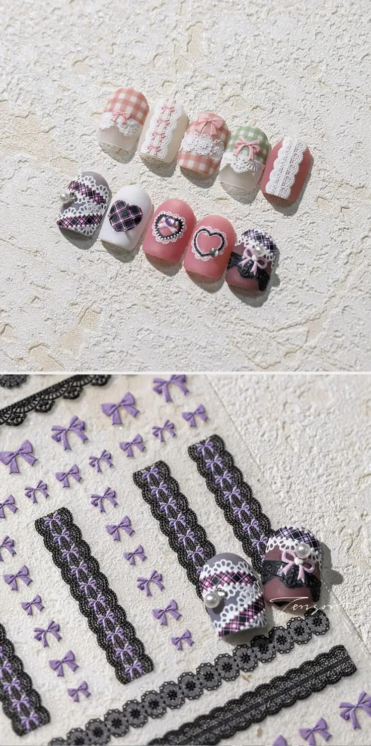 Pegatinas para uñas con diseño de lazo de encaje rosa y negro