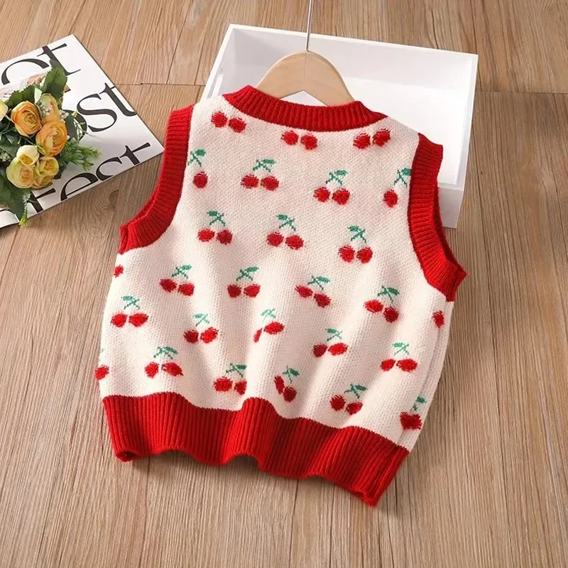 Chaleco de punto cereza para niña cuello V Primavera y otoño - imagen 4