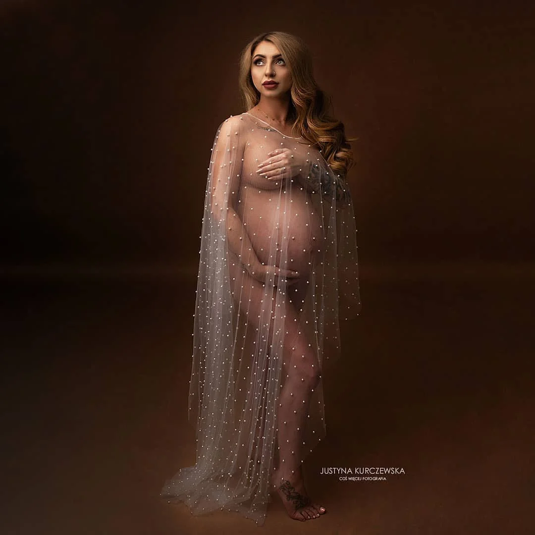 Vestido de tul de maternidad largo con perlas para fotos de embarazo