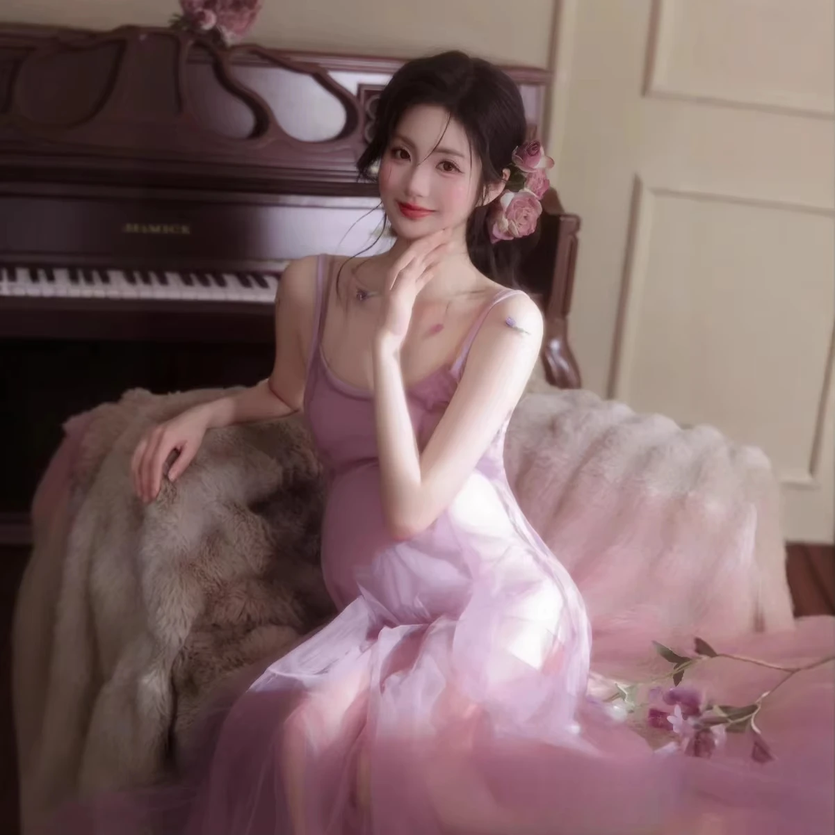Vestido de maternidad vintage francés rosa para sesión de fotos - imagen 5