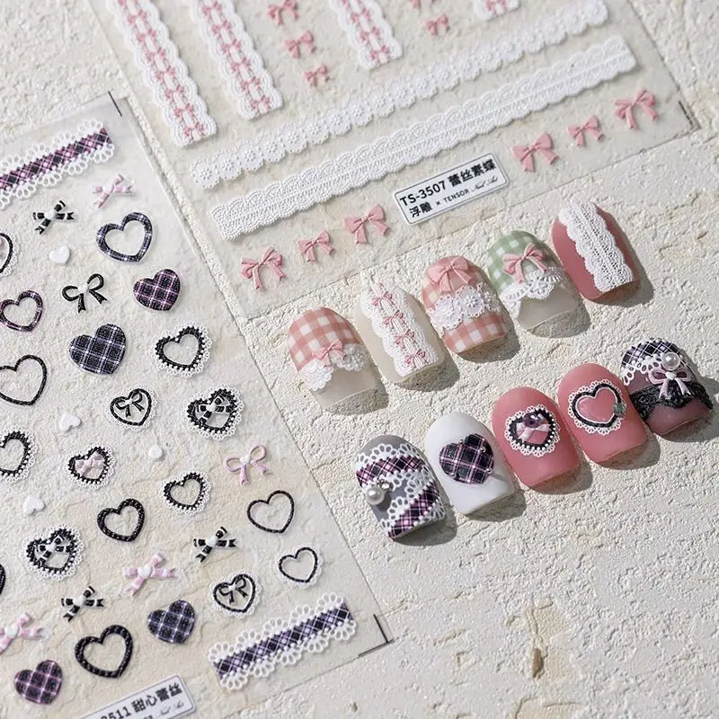 Pegatinas de uñas 3D para niñas – Lazos encaje rosa y negro - imagen 3