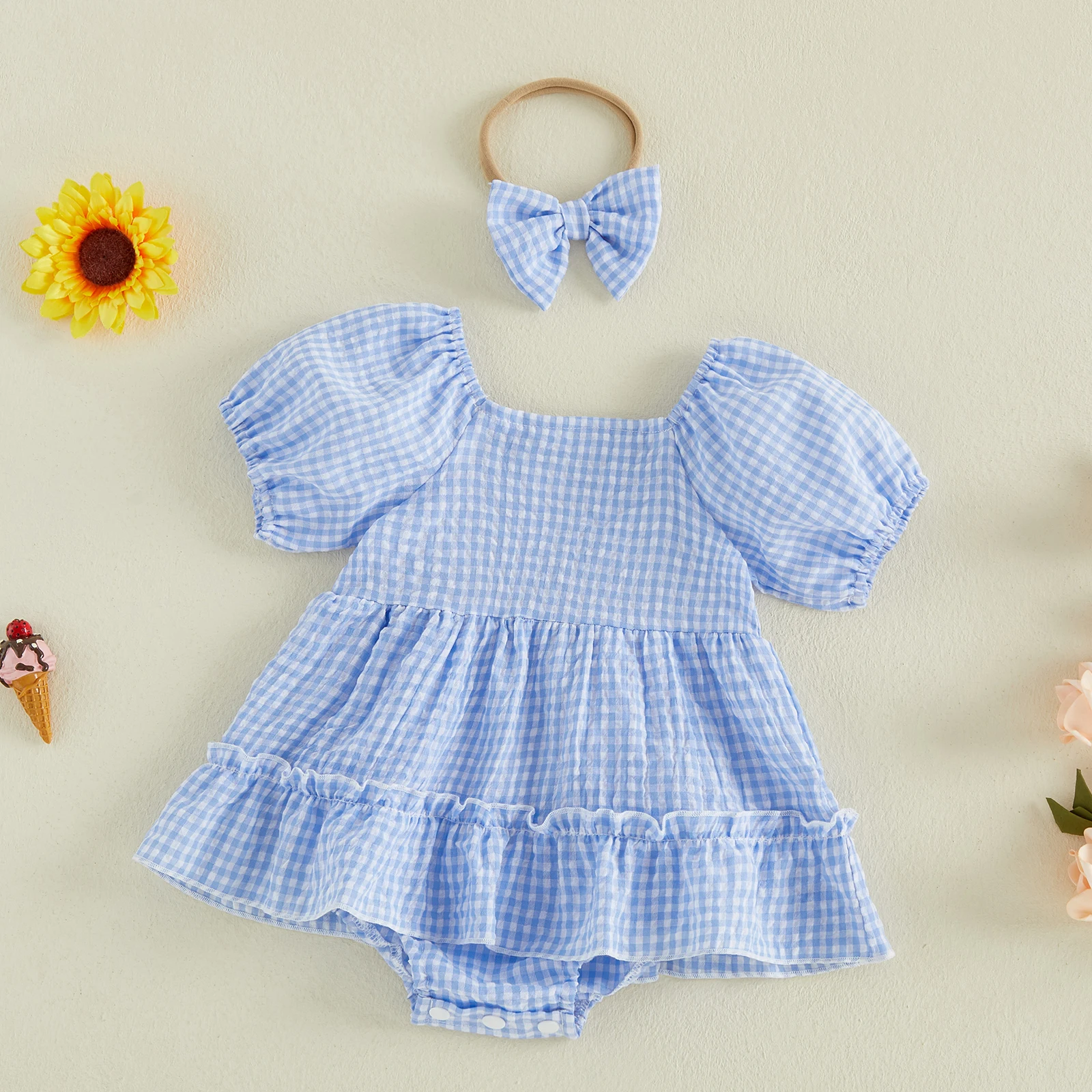 Conjunto verano bebé recién nacida vestido pelele a cuadros con lazo - imagen 3