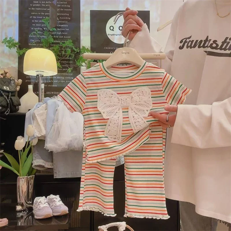 Conjunto de niña verano a rayas, camiseta lazo y pantalón - imagen 3