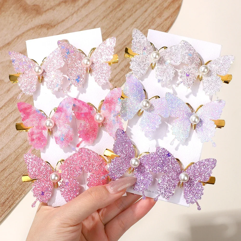 Horquillas mariposa con perla estilo coreano y lentejuelas para niña - imagen 4