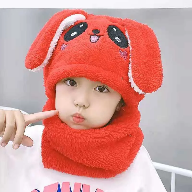 Gorro de terciopelo coral con conejito animado y felpa para invierno - imagen 2