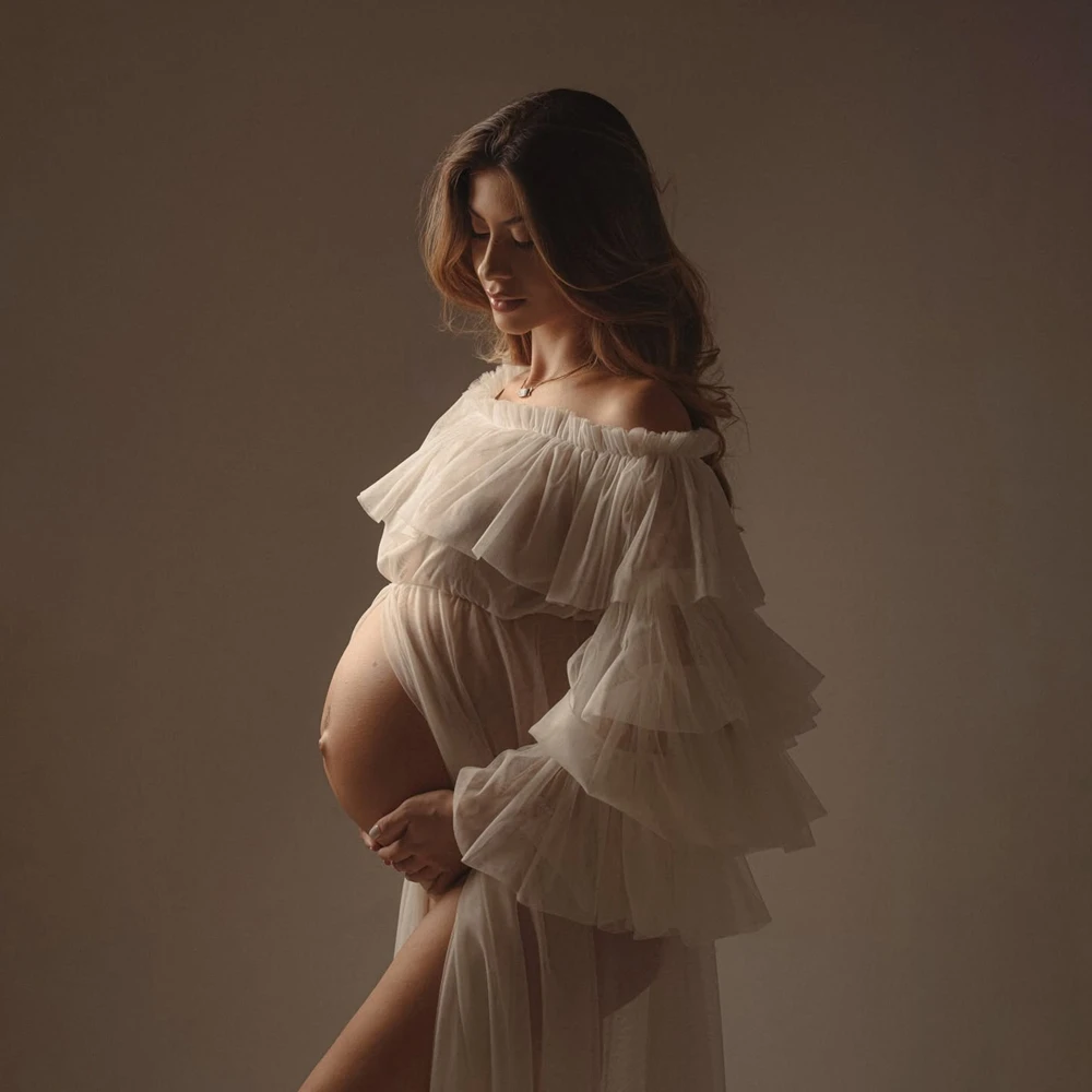 Vestido de maternidad con hombros descubiertos y volantes para fotos