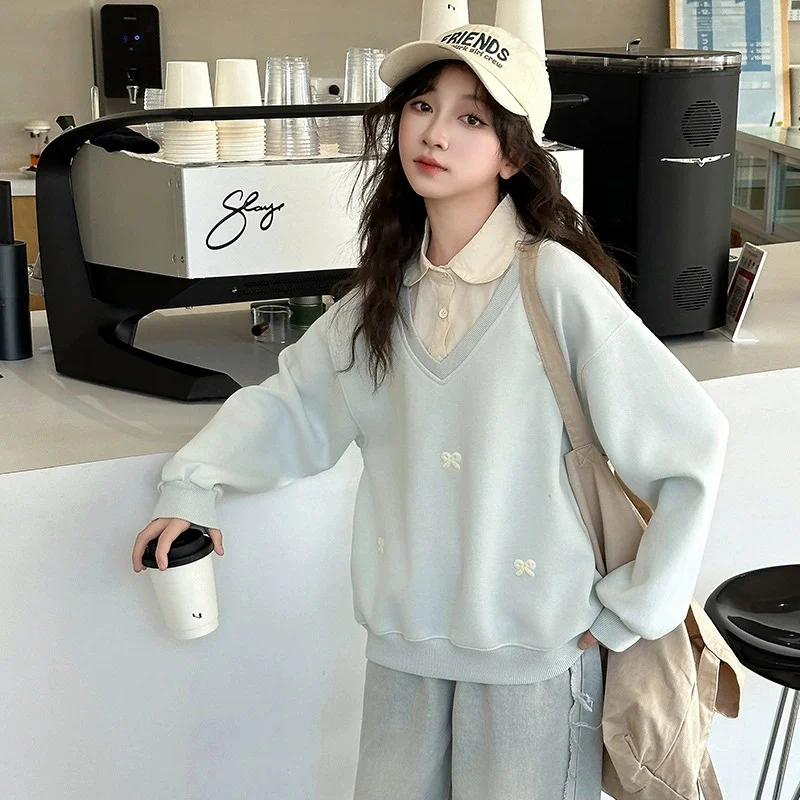 Sudadera de primavera para niñas con pajarita y cuello redondo - imagen 4