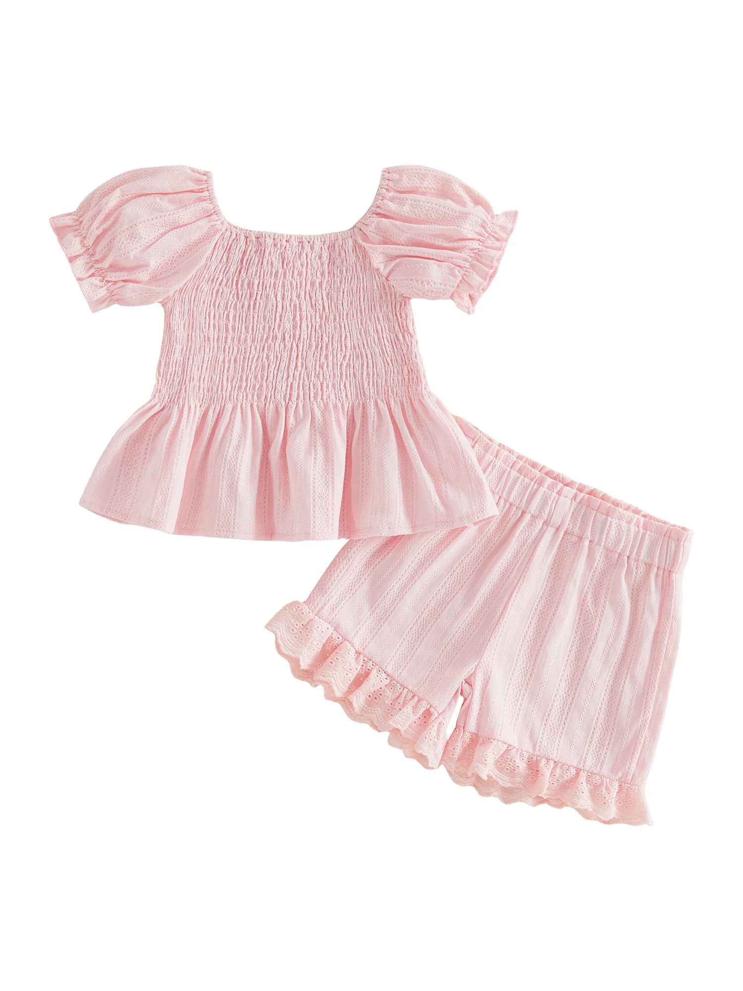 Conjunto de verano para niñas con camiseta de nido de abeja y shorts de encaje