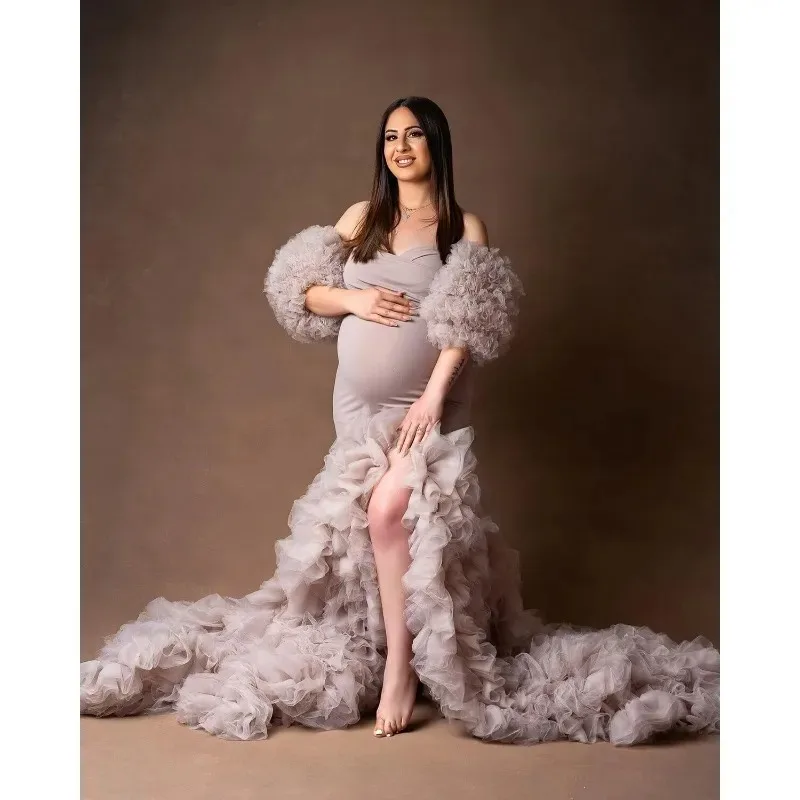 Vestido de maternidad sirena de tul suave con hombros descubiertos - imagen 2