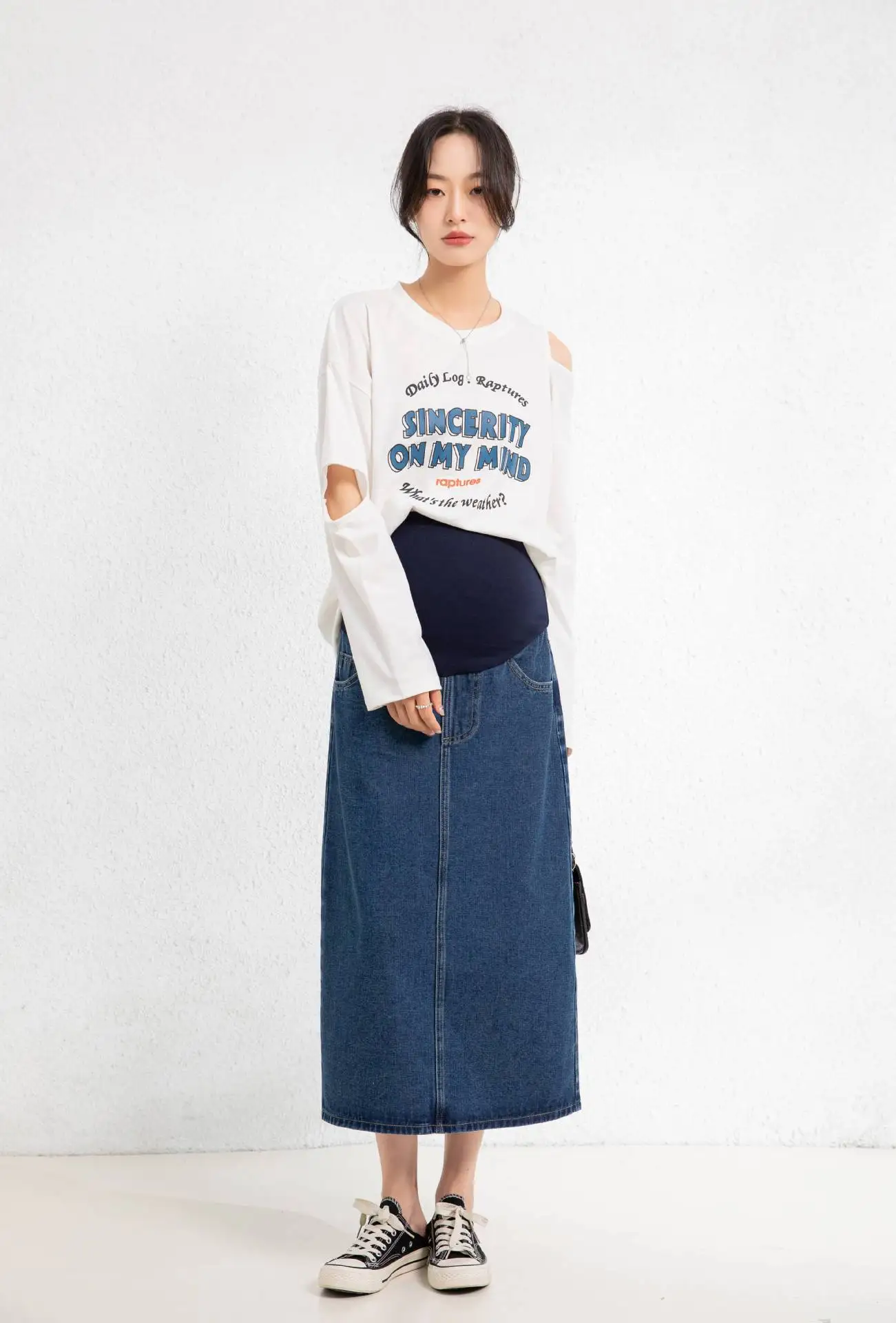 Falda de embarazo vaquera larga elástica para invierno - imagen 5