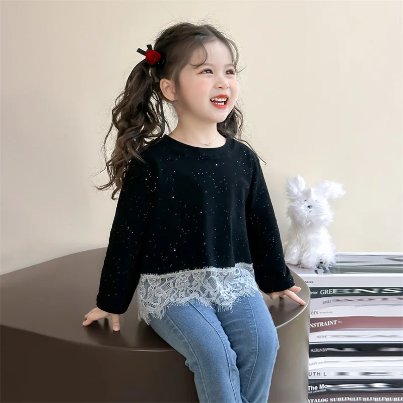 Blusa de manga larga de algodón con encaje para niñas de otoño - imagen 5