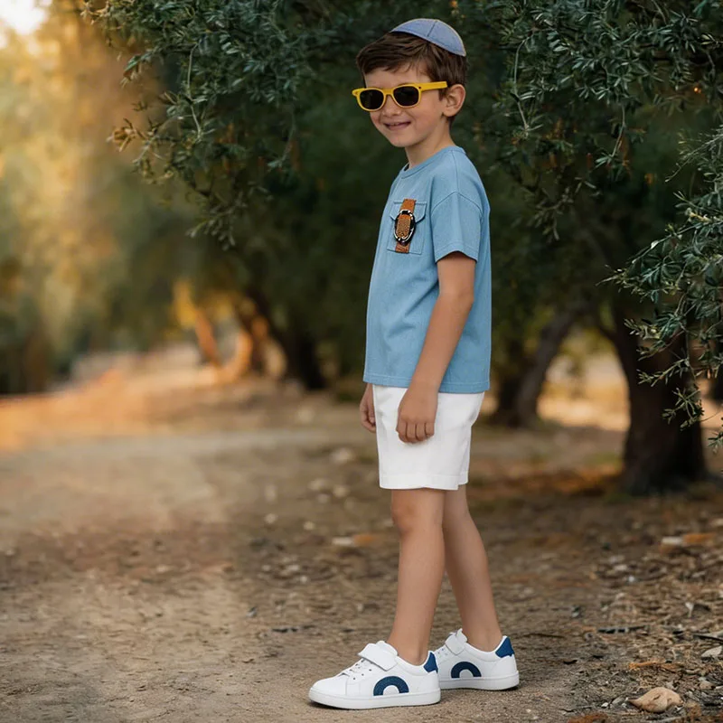 Conjunto de verano tejido para niños con hebilla, camisa y pelele bebé - imagen 2