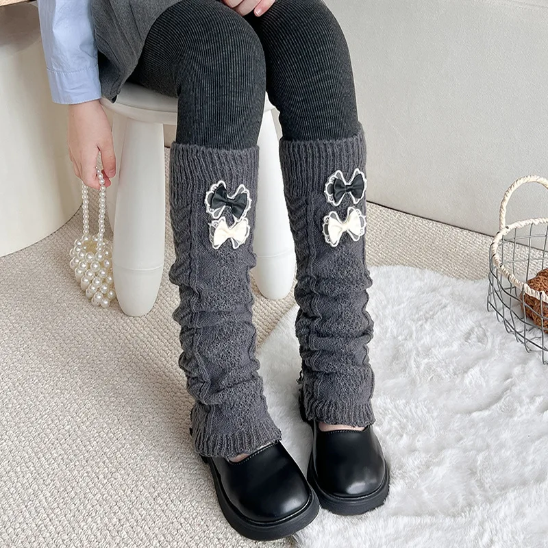 Calcetines de invierno para niñas con lazos dobles térmicos en punto - imagen 3