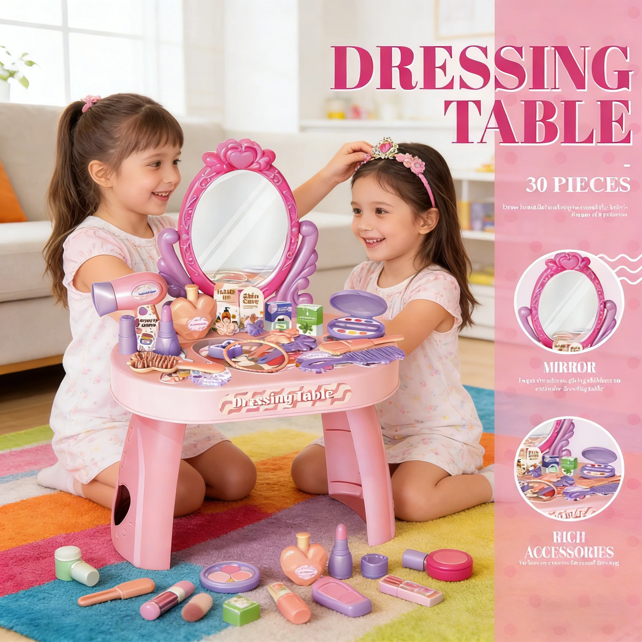 Tocador infantil de juguete con accesorios de maquillaje y joyas - imagen 2