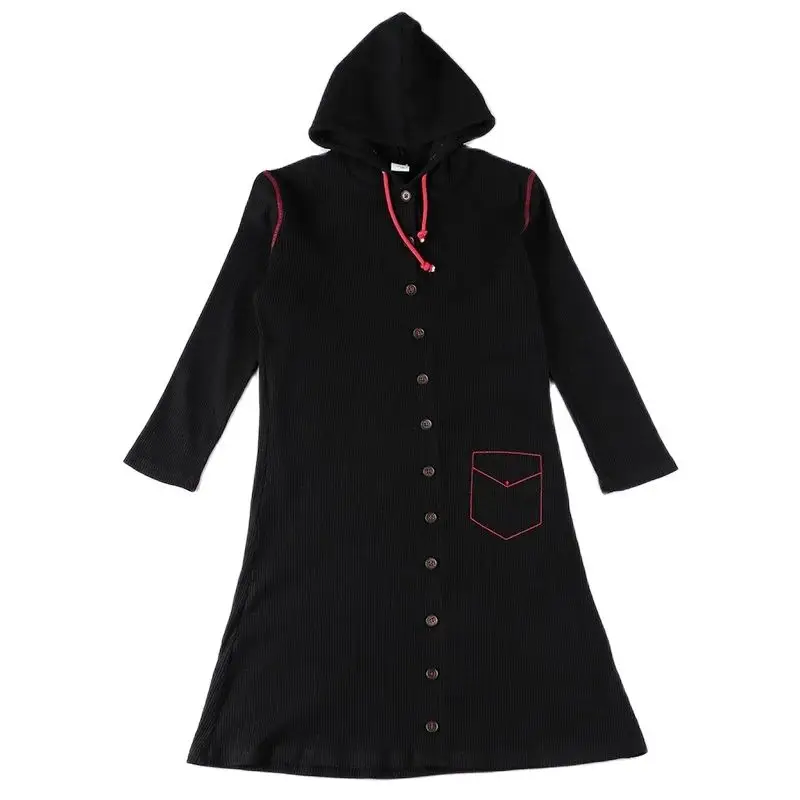 Vestido de verano niña negro con botones y capucha, cordón rojo - imagen 2