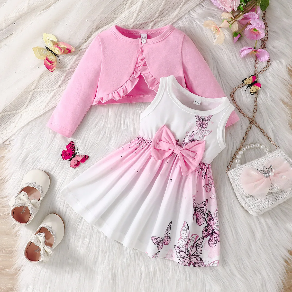 Conjunto bebé niña manga larga de algodón con vestido mariposa y lazo