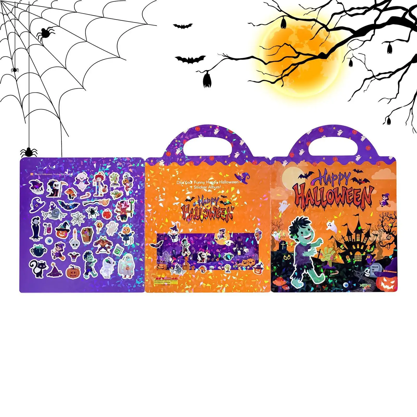 Niñas usando un libro de pegatinas con temática Halloween