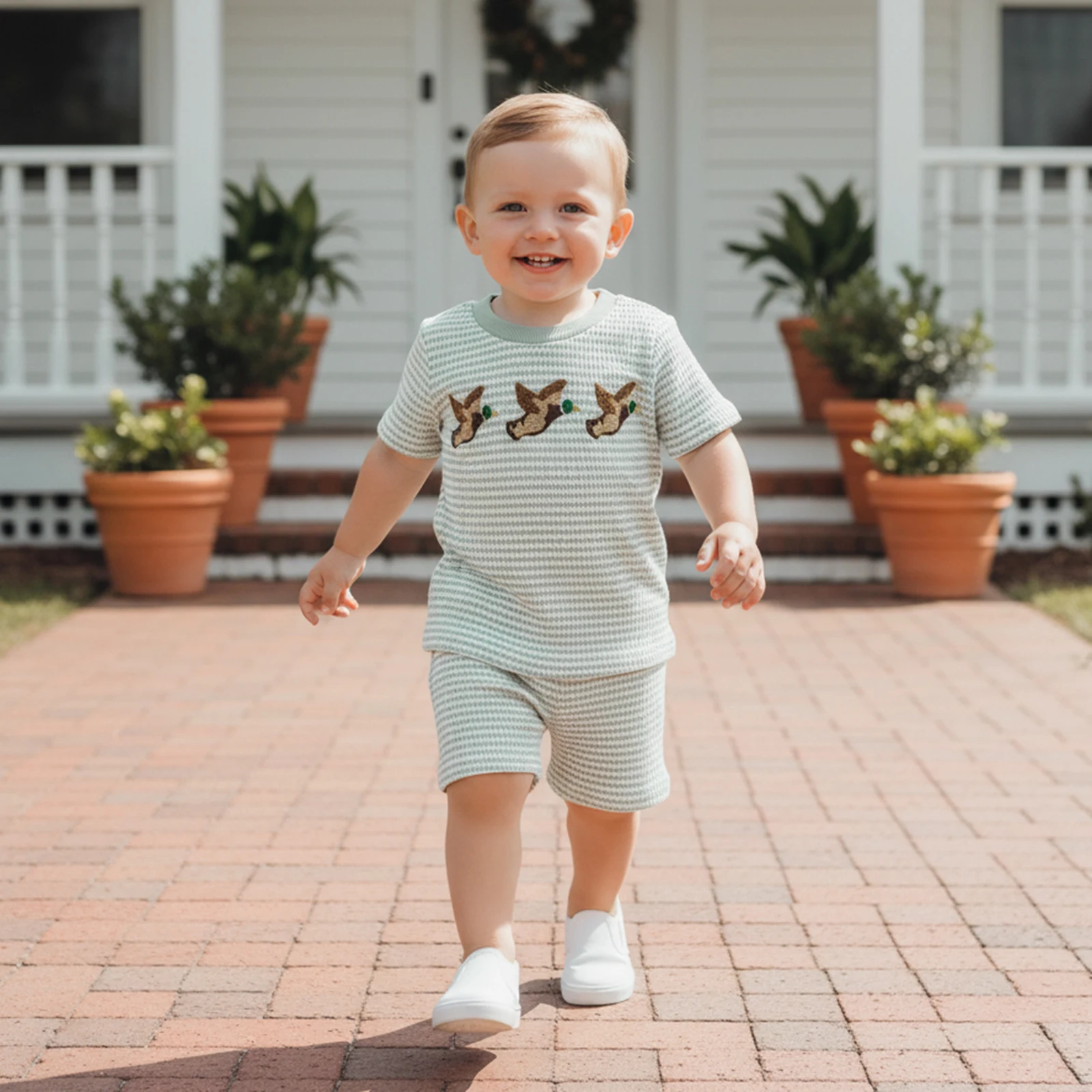 Conjunto de verano infantil con camiseta y pantalón pato bordado