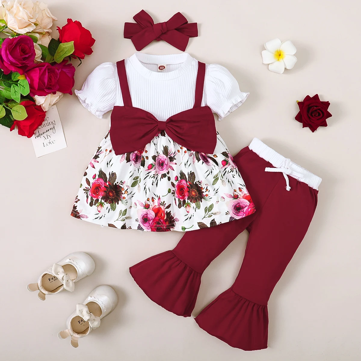 Blusa de manga abombada con lazo grande del conjunto infantil