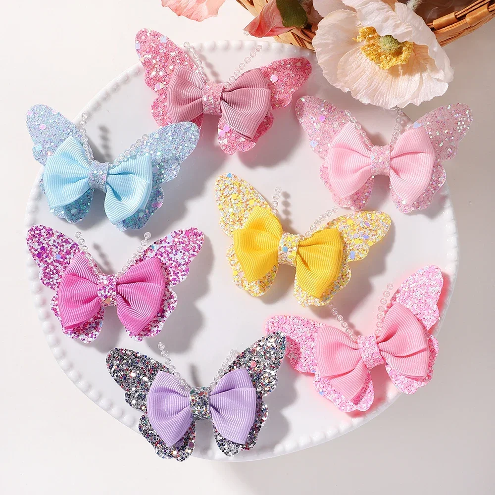 Horquillas para niña con lazo y flequillo de lentejuelas tejidas - imagen 2