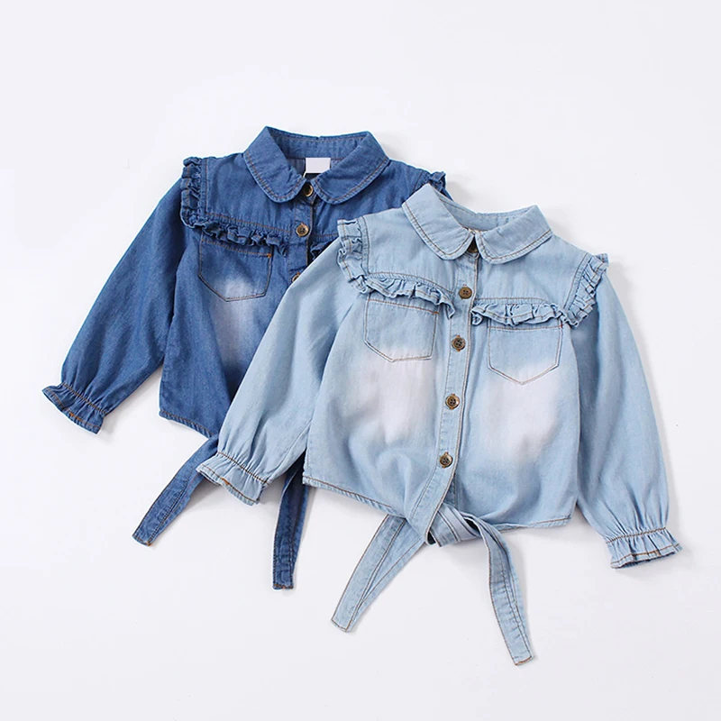 Camisa vaquera de niña con volantes y nudo, manga larga - imagen 2