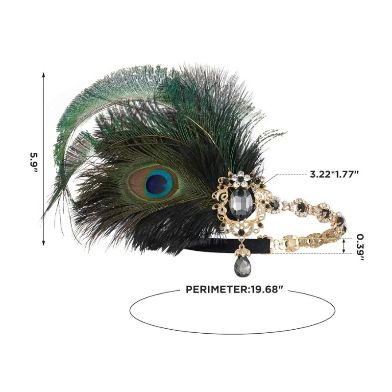 Diadema con plumas de pavo real verde y detalles de pedrería