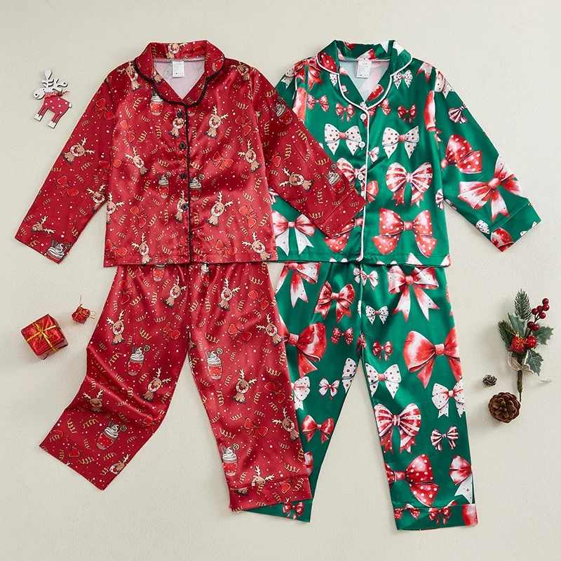 VISgogo Pijamas navideños niña con lazo y cintura elástica - imagen 3